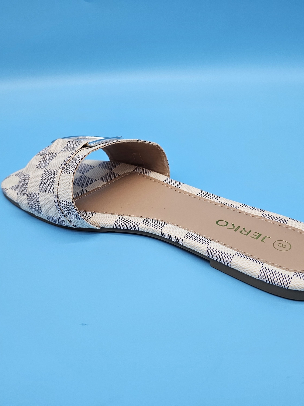 Beeko Women's Beige Check Slide Sandal with Silver Buckle - Picture 3 of 5